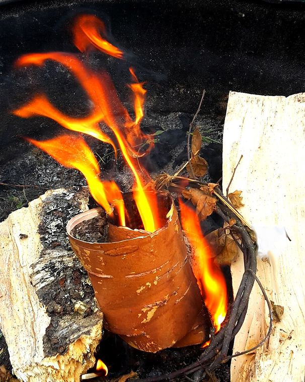 A roll of birch bark burning between split logs