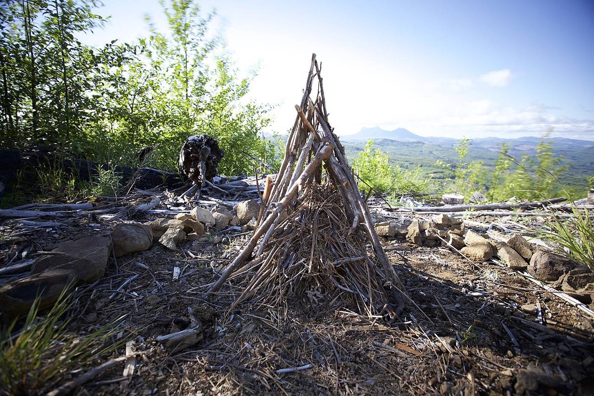 A cone of sticks leaned together over tinder on a hilltop