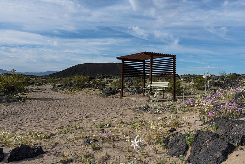 A slatted shade shelter with a bench in open desert