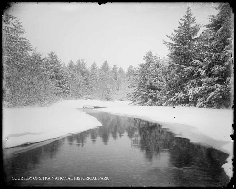 Open dark water of a slow stream between snow-covered banks and spruce trees