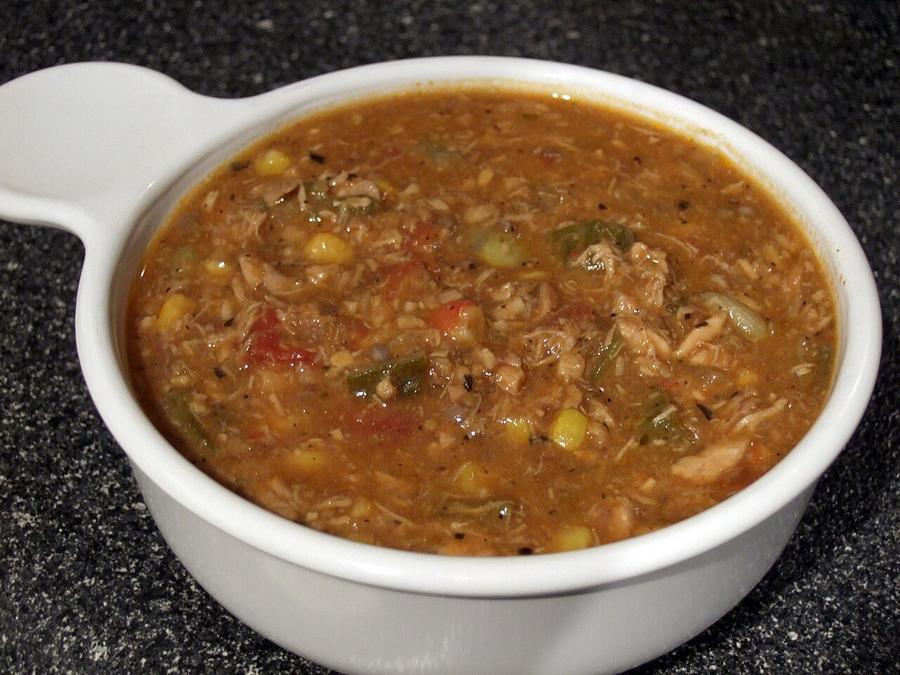 A bowl of Brunswick stew, a southern stew first made with squirrel (this one is made with chicken)